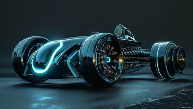 A futuristic cool 3D Laptop car with sleek lines and glowing accents.