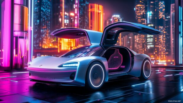 A futuristic electric Car 1080p wallpaper with gullwing doors open, parked in a high tech urban setting at night.