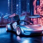 A futuristic electric Car wallpaper HD with gullwing doors open, parked in a high tech urban setting at night.