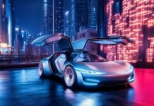 A futuristic electric Car wallpaper HD with gullwing doors open, parked in a high tech urban setting at night.