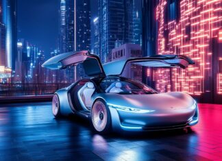 A futuristic electric Car wallpaper HD with gullwing doors open, parked in a high tech urban setting at night.