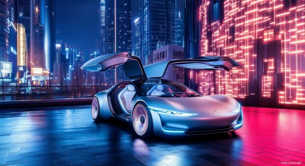 A futuristic electric Car wallpaper HD with gullwing doors open, parked in a high tech urban setting at night.