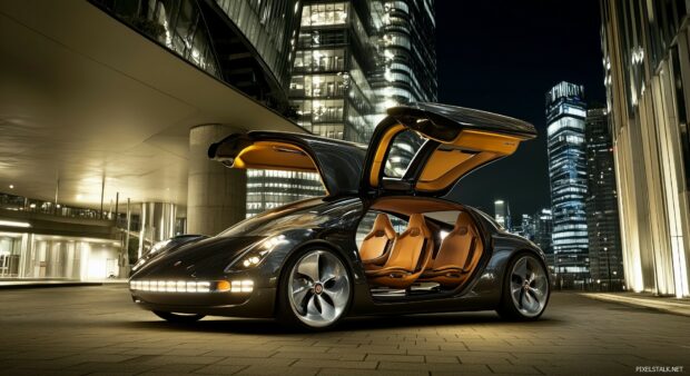 A futuristic electric  HD Car Wallpaper with gullwing doors open, parked in a high tech urban setting at night.