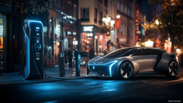 A futuristic electric car charging at a station in a bustling urban environment.