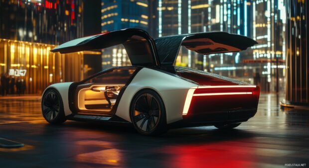 A futuristic electric car with gullwing doors open, parked in a high tech urban setting at night.