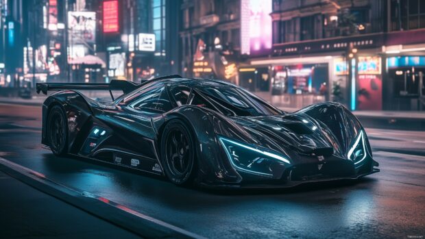 A futuristic electric race Car Wallpaper with a sleek design, speeding through a neon lit city circuit at night.