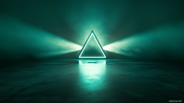 A futuristic glowing triangle in cyan, placed on a dark gradient background with subtle light rays.