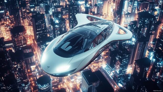 A futuristicD flying car soaring above a cyberpunk city, with glowing lights and towering neon buildings below.