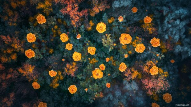 A garden filled with blooming yellow roses.