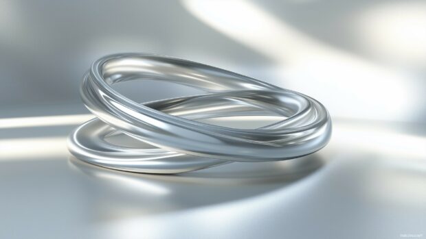 A gently rotating 3D ring with smooth, flowing edges, casting subtle reflections and shadows in a clean space.