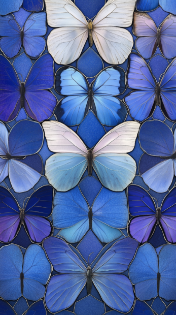 A geometric tile pattern with butterflies in alternating colors of blue and lavender.