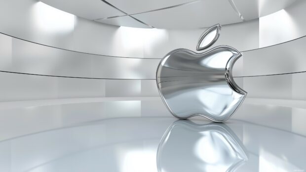 A glossy 3D Apple Logo made of reflective chrome, floating in a minimalistic futuristic room with soft ambient lighting and smooth metallic textures.