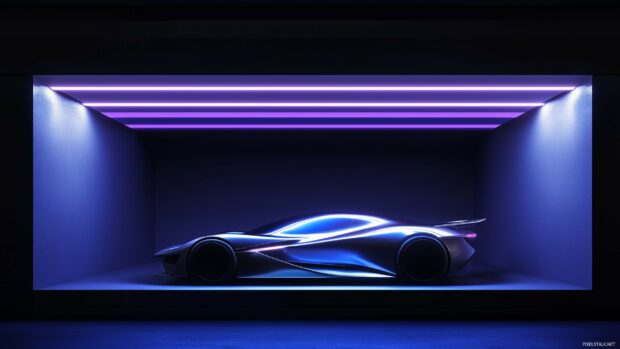 A glossy 3D supercar in a dark garage, illuminated by vibrant blue and purple LED lights.