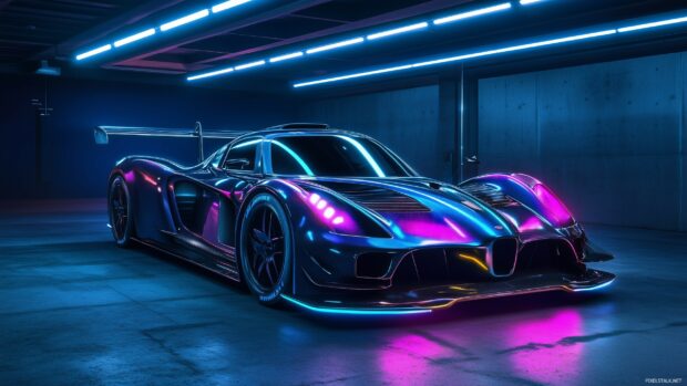 A glossy 3D supercar in a dark garage, illuminated by vibrant blue and purple LED lights.