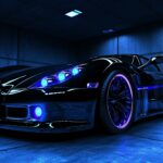 A glossy 3D supercar in a dark garage, illuminated by vibrant blue and purple LED lights, showcasing its aerodynamic design.