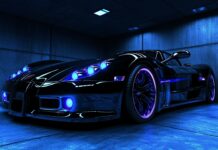 A glossy 3D supercar in a dark garage, illuminated by vibrant blue and purple LED lights, showcasing its aerodynamic design.