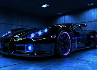 A glossy 3D supercar in a dark garage, illuminated by vibrant blue and purple LED lights, showcasing its aerodynamic design.