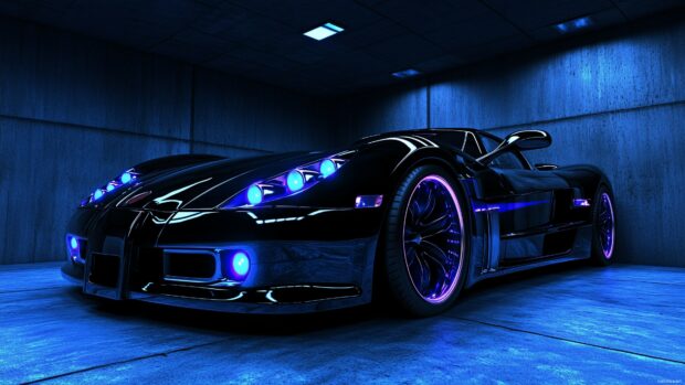 A glossy 3D supercar in a dark garage, illuminated by vibrant blue and purple LED lights, showcasing its aerodynamic design.