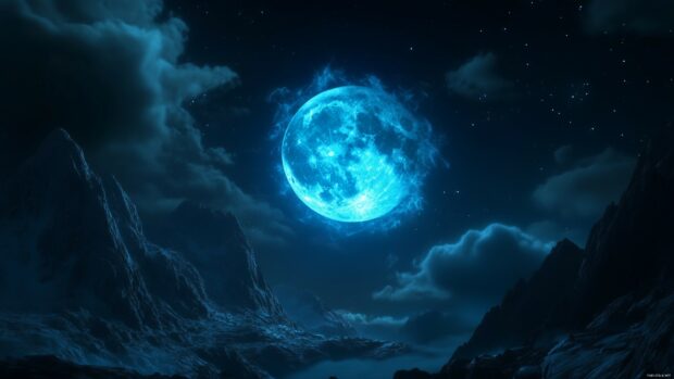 A glowing blue moon in a twilight sky, surrounded by wispy clouds and framed by distant mountains.