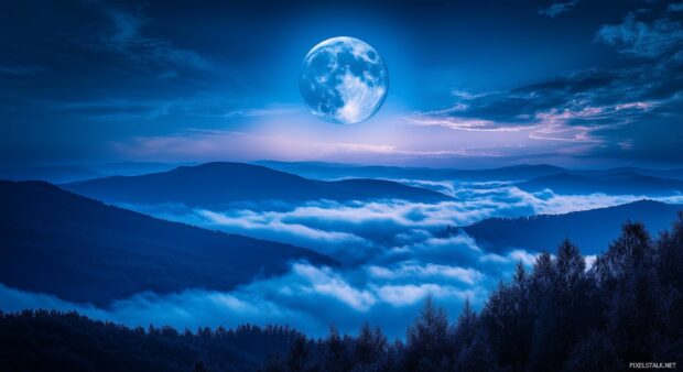 A glowing blue moon in a twilight sky, surrounded by wispy clouds and framed by distant mountains.