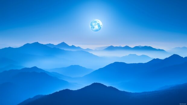 A glowing cool moon in a twilight sky, surrounded by wispy clouds and framed by distant mountains.