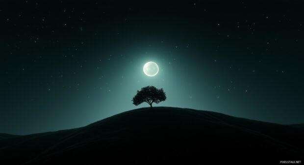 A glowing full moon illuminating a cloudless night sky.