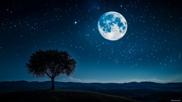 A glowing full moon illuminating a cloudless night sky HD wallpaper.