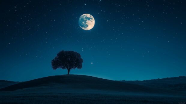 A glowing full moon illuminating a cloudless night sky, with a silhouette of a lone tree on a hilltop and stars scattered across the dark expanse.