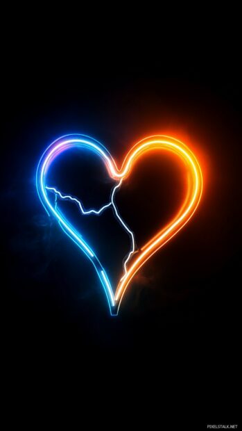 A glowing neon broken heart sign flickering against a black backdrop.