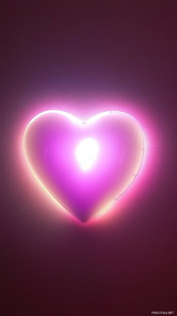 A glowing neon heart sign on a pink wall, casting a soft warm light, creating a dreamy Valentines Day vibe.