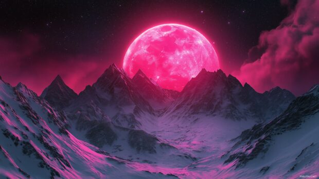 A glowing pink moon shining above a tranquil mountain range.