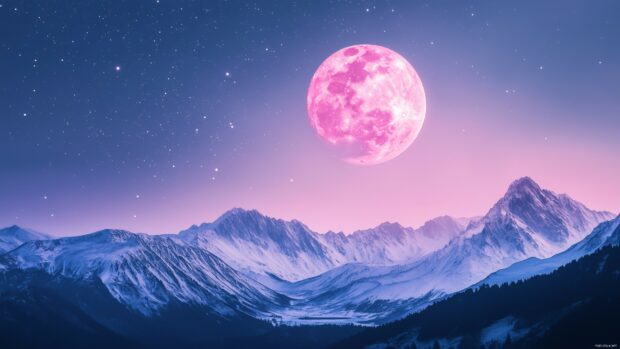 A glowing pink moon shining above a tranquil mountain range, its light softly coloring the peaks and valleys, while stars twinkle faintly in the background.