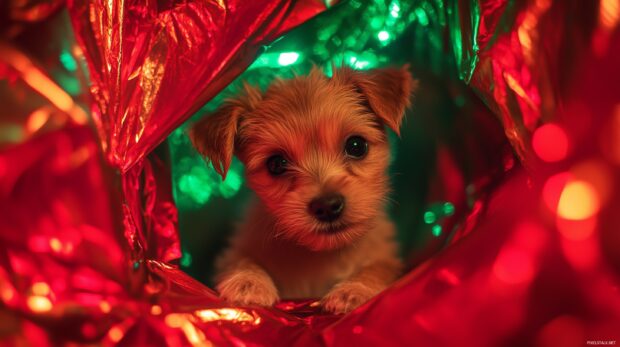 A golden retriever puppy with a festive bow around its neck, lying on a snowy porch with Christmas ornaments (2).