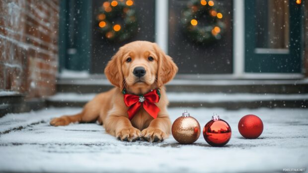 A golden retriever puppy with a festive bow around its neck, lying on a snowy porch with Christmas ornaments (3).