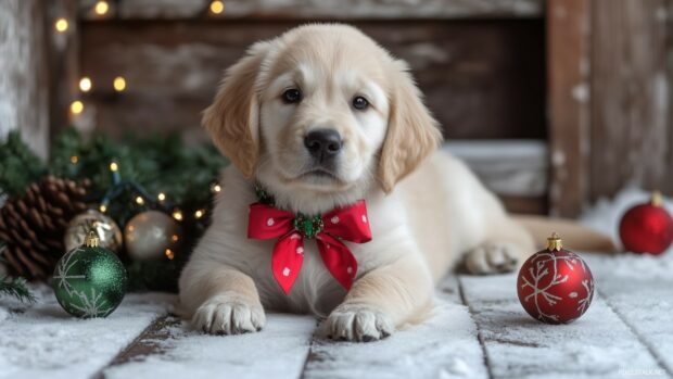 A golden retriever puppy with a festive bow around its neck, lying on a snowy porch with Christmas ornaments (4).