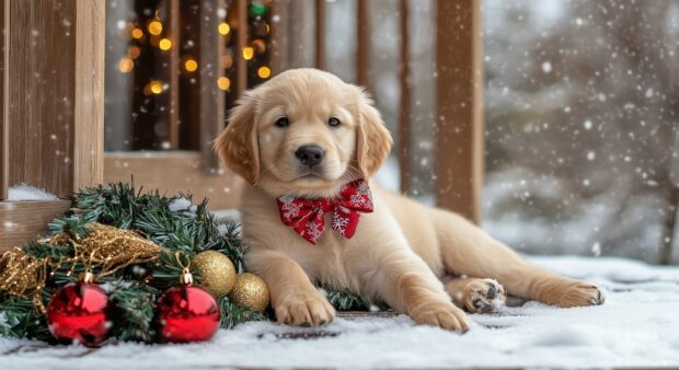 A golden retriever puppy with a festive bow around its neck, lying on a snowy porch with Christmas ornaments (5).