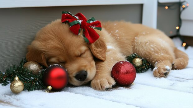 A golden retriever puppy with a festive bow around its neck, lying on a snowy porch with Christmas ornaments.