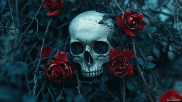 A gothic skull with dark eye sockets, surrounded by crimson roses and thorny vines, giving an intense and dramatic aesthetic.