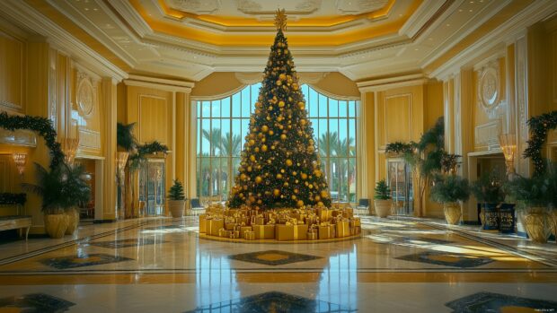 A grand Christmas tree in a luxurious hotel lobby, adorned with elegant decorations.