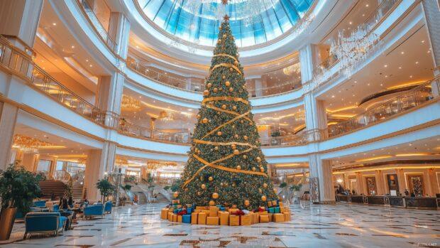 A grand Christmas tree in a luxurious hotel lobby, adorned with elegant decorations, Beautiful Christmas 2K Wallpaper.