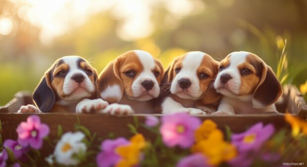 A group of Beagle puppies playing together in a garden filled with colorful flowers.