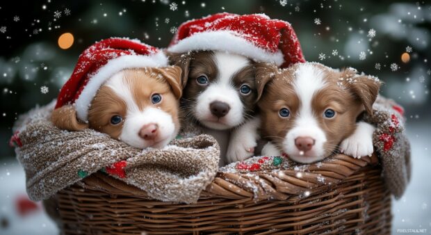 A group of adorable Christmas puppies snuggled together in a wicker basket, with snowflakes falling softly (2).