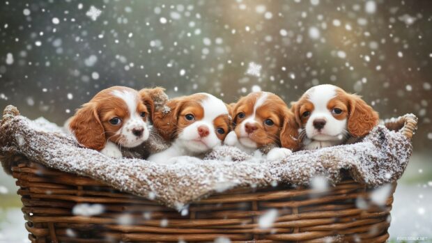 A group of adorable Christmas puppies snuggled together in a wicker basket, with snowflakes falling softly (3).