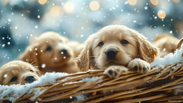 A group of adorable Christmas puppies snuggled together in a wicker basket, with snowflakes falling softly (4).