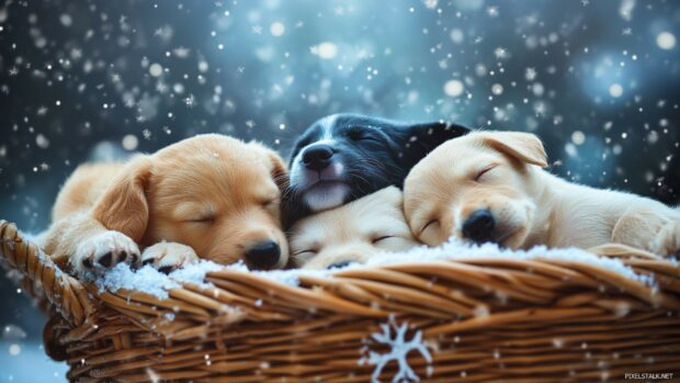 A group of adorable Christmas puppies snuggled together in a wicker basket, with snowflakes falling softly.