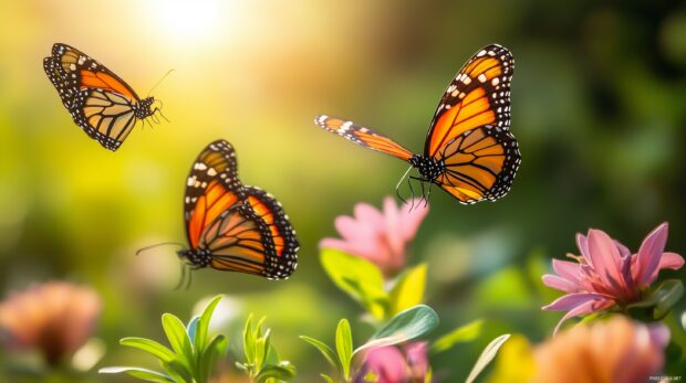 A group of colorful butterflies fluttering through a sunlit meadow.