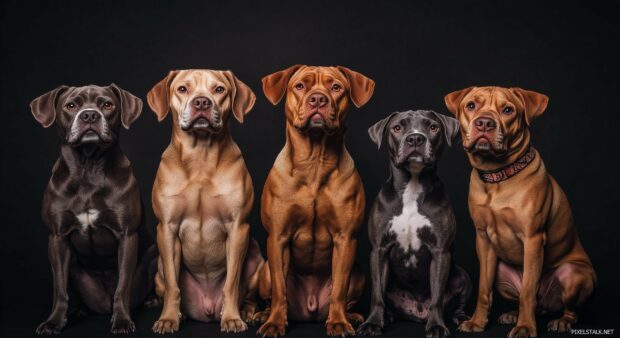 A group of different dog breeds sitting together, each with their own unique pose.