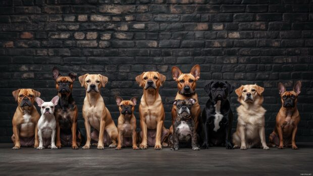 A group of different dog breeds sitting together, each with their own unique pose.