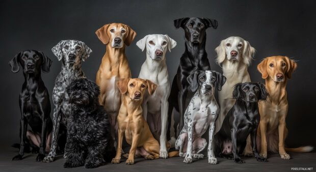 A group of different dog breeds sitting together, each with their own unique pose, Black and white dog desktop wallpaper.