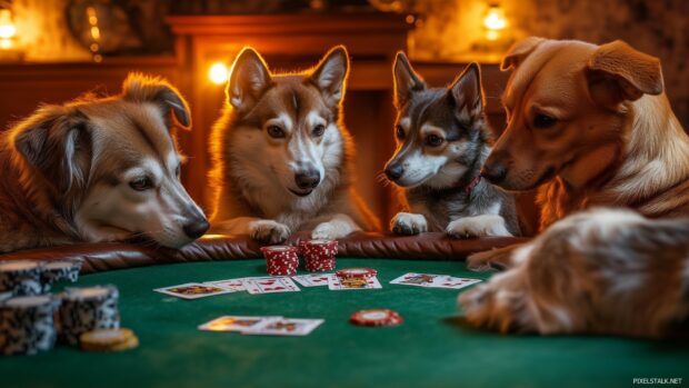 A group of dogs playing poker around a table, with one dog holding a winning hand.